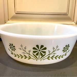 Vintage Glasbake Green Daisy Casserole Dish wLid, Milk Glass